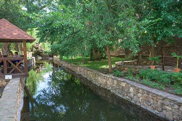 channel filled with water with swans.