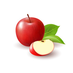 Isolated realistic colored red apple slice and whole juicy fruit with green leaves and shadow on white background.
