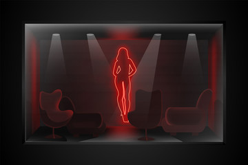 Neon image of dancing striptease in a dark room with furniture. Brothel vector illustration - obrazy, fototapety, plakaty