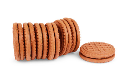Chocolate cookies with cream on white background