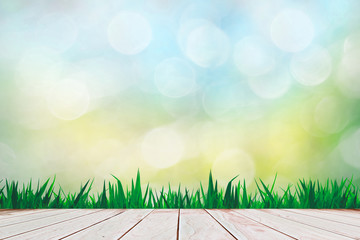 Fototapeta premium Wooden floor balcony grass of sky bokeh background