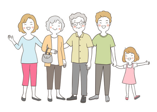 Draw happy big family elderly senior,mom,dad and girl