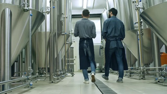 Rear view of two brewing technicians walking through beer plant along rows of steel vessels