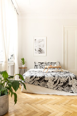 Vertical view of a bright bedroom interior with a big bed standing on a herringbone wooden floor. Black and white bedding and a breakfast tray on the bed. Real photo
