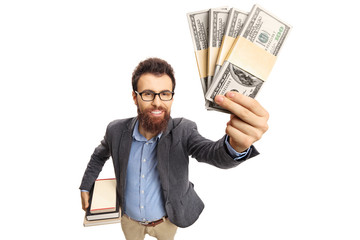 Professor showing money bundles