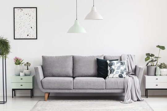 Grey sofa between cabinets with plants in white living room interior with lamps and poster. Real photo