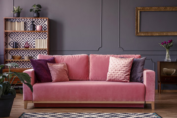 Satin pillows on a pink velvet sofa in a luxurious living room interior with molding on dark gray walls and retro design
