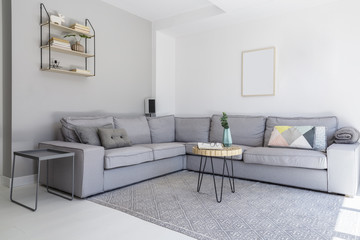 Grey corner sofa and wooden table in spacious living room interior with posters and carpet. Real photo