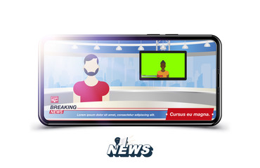 Anchorman in Breaking News. Banner Breaking News template in realistic smartphone on white background. Concept for screen TV channel. Flat vector illustration EPS10