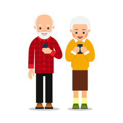 Old people with phone. Elderly persons, man and woman standing and holding mobile phone. Cartoon illustration isolated on white background in flat style
