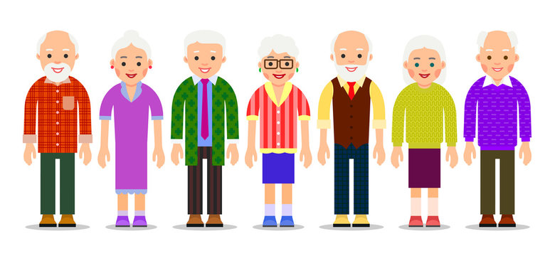Group older people. Aged caucasian people. Elderly men and women. Grandparents on a white background. Illustration in flat style. Isolated