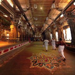 India Kanchipuram temple. Panorama of the colonnade