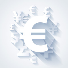 Currencies symbols paper white background.