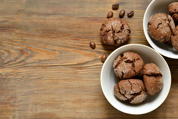 Chocolate cookies with cracks, top view, copy space
