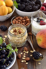 Cereals, almonds and various berries for breakfast, healthy nutrition, vertical