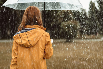 Autumn solitude. Woman standing with back turned and holding umbrella outdoors. She is strolling on her own enjoying wet weather. Copy space in right side - obrazy, fototapety, plakaty