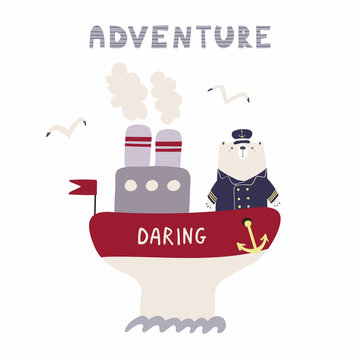 Hand drawn vector illustration of a cute funny bear sailing on a ship, with text Adventure. Isolated objects on white background. Scandinavian style flat design. Concept for kids, nursery print.