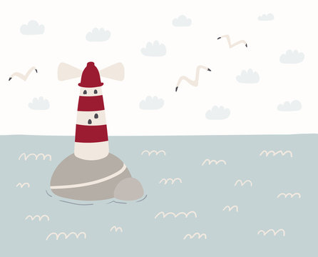 Hand drawn vector illustration of a cute sea landscape with lighthouse, seagulls, clouds. Scandinavian style flat design. Concept for kids, nursery print.
