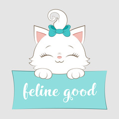 Cute cartoon white kitten with hand drawn lettering. Vector Illustration