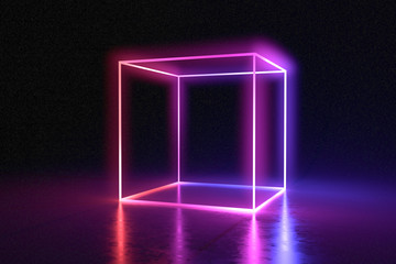 Abstract neon cube brightly shining in dark room. 3D rendered illustration. - obrazy, fototapety, plakaty