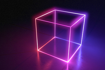 Abstract neon cube brightly shining in dark room. 3D rendered illustration.