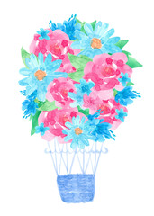 Watercolor floral balloon with pink, blue flowers isolated on white background