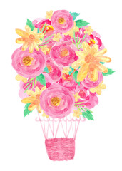 Watercolor floral balloon with pink, yellow flowers isolated on white background