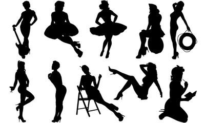 Pinup Girls Silhouette | Sexy Model Vector | Retro attractive Woman| Clipart Clip art Logo