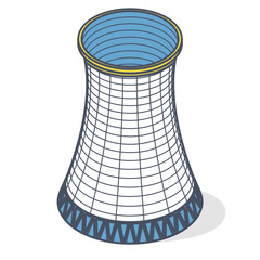 Vector cooling tower of power plant. Outlined concrete thermal power plant tower in isometric perspective with street lamps. Industrial architecture, power station tower, cylindrical building