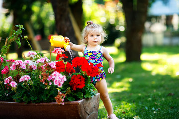 Cute little baby girl in colorful swimsuit watering plants and blossoming flowers in domestic garden on hot summer day. Adorable toddler child having fun with playing with water and can