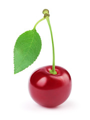 Fresh cherry berry with leaf isolated on the white background with clipping path. One of the best isolated cherries that you have seen.