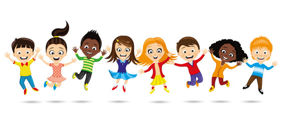 Cheerful children in a jump on a white background.