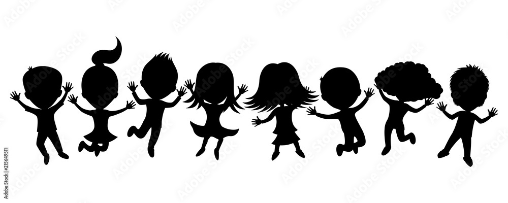 Wall mural Cartoon silhouettes of children in a jump on a white background.