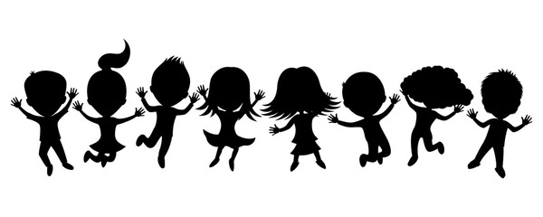Cartoon silhouettes of children in a jump on a white background.
