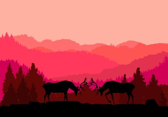 Fototapeta na wymiar Deers strugling silouettes, forest nature silhouette in background, hills covered with forest