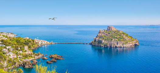 Panoramic view of Ischia Island and Aragonese Castle, Italy