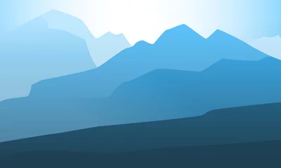 Deurstickers Vector landscape mountain peak horizon travel illustration background. Vacation and extreme outdoor sport recreation morning or night day time painting concept design. © phobostock