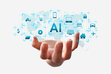 Artificial intelligence concept (AI), hand holding AI text logo, surrounded with conceptual vector icons on white background