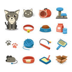 Cartoon character cat and accessories set for design.