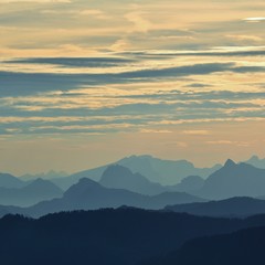 Stunning morning scene in the Swiss Alps. Mountain ranges at sunrise. View from Mount Rigi.
