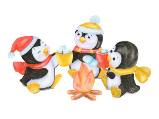 Watercolor Christmas penguins fry marshmallow at the bonfire. New year illustration isolated on white background. For greeting postcard