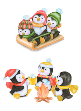Watercolor Christmas penguins ride on a sleigh. Penguins fry marshmallow at the bonfire. New year illustration isolated on white background. For greeting postcard