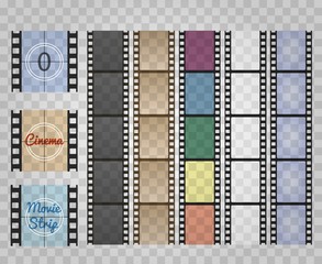 Filmstrip on transparent. Movie film strip isolated, vector cinema old reel camera strips, super 8 retro 35mm celluloid frames