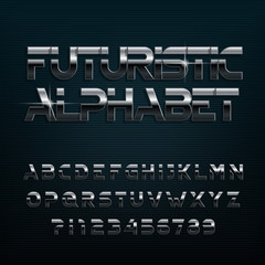 Futuristic alphabet font. Chrome effect oblique and numbers. Stock vector typeface for typography design.