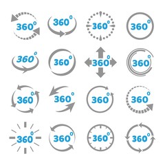 Full 360 degree signs. 360 angled vr simulation icons, panoramic angle game view symbols, vector illustration