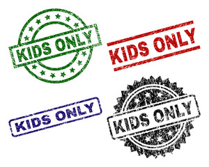 KIDS ONLY seal stamps with corroded surface. Black, green,red,blue vector rubber prints of KIDS ONLY label with corroded texture. Rubber seals with circle, rectangle, medal shapes.