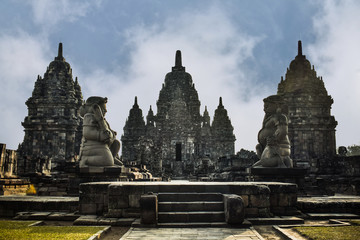 Naklejka premium Candi Sewu or Sewu Temple with blue sky at Prambanan, Central Java, Indonesia. This temple is an eighth century Mahayana Buddhist temple located 800 meters north of Prambanan.