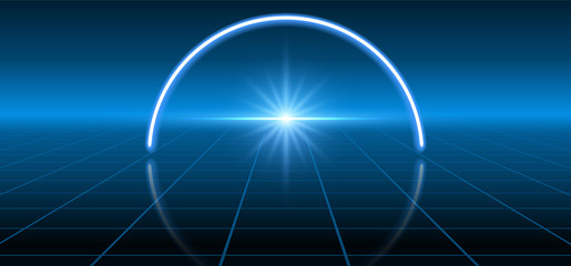 Fantastic background with neon circular line, star and space portal into another dimension