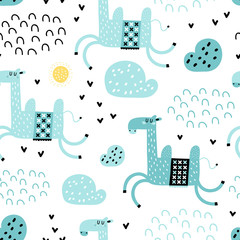 Seamless pattern with cute cartoon dreamy camel and clouds. Vector texture in doodle style great for fabric and textile, wallpapers, backgrounds. Scandinavian style.