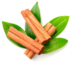 cinnamon sticks with fresh leaves isolatd on the white background, top view